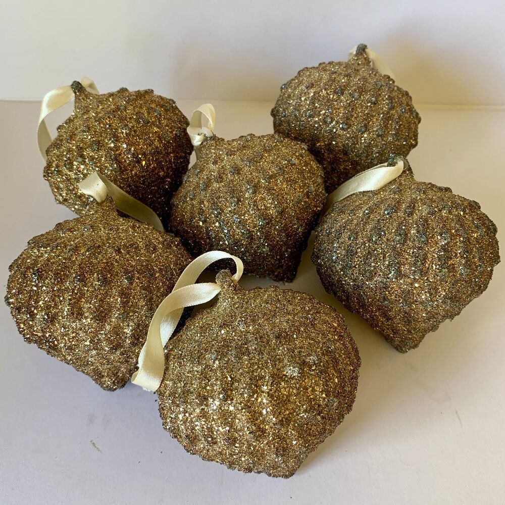 Gold Glitter Teardrop Christmas Ornaments Lof of 6 Textured Ivory Hanging Ribbon